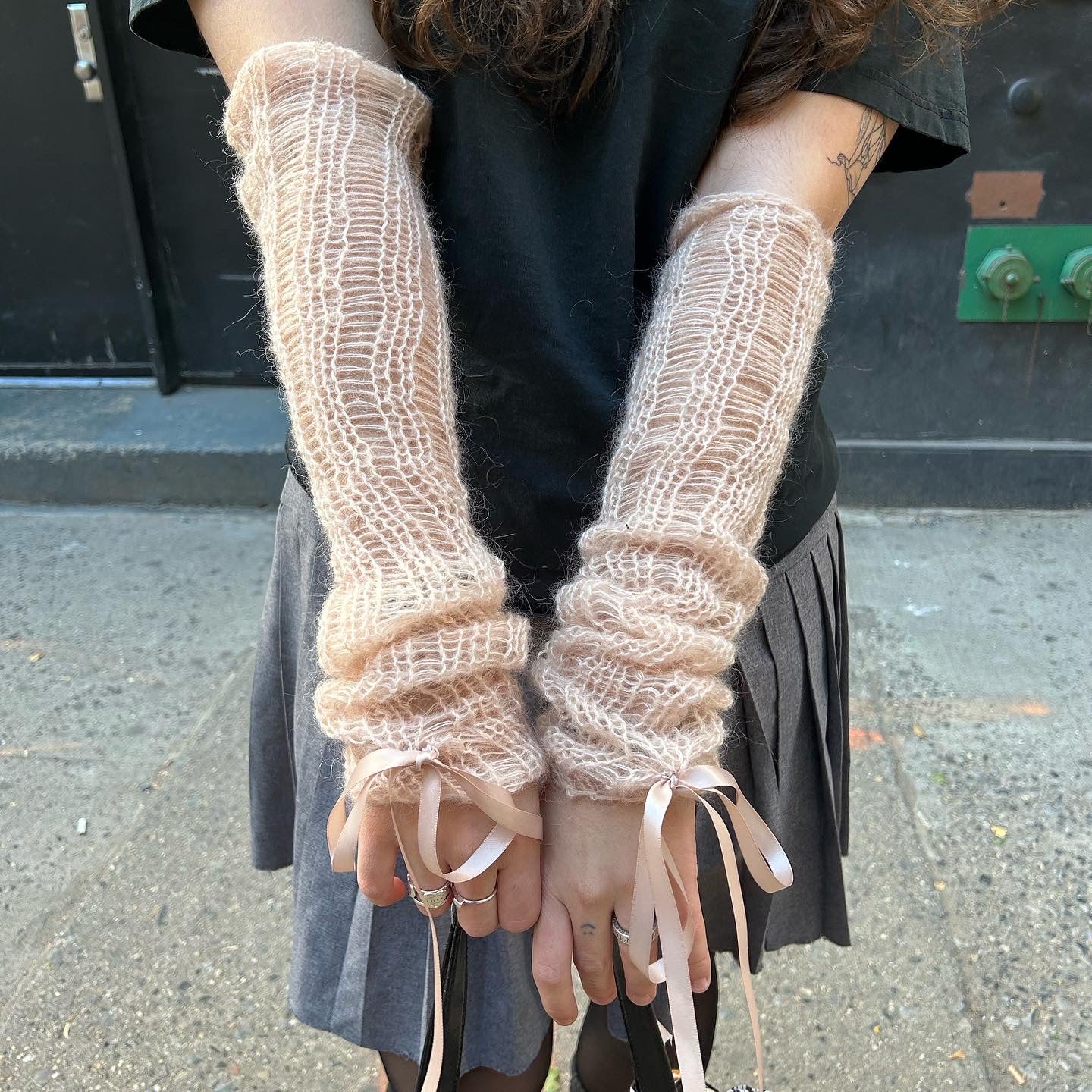 Dusty peach arm warmers